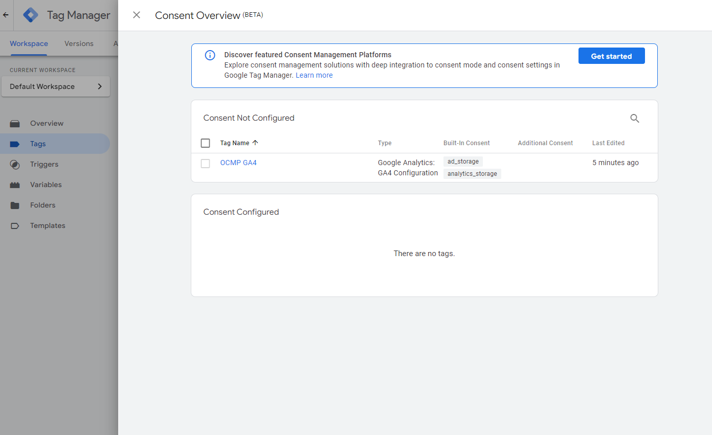 Consent overview with uncofigured consent for tags